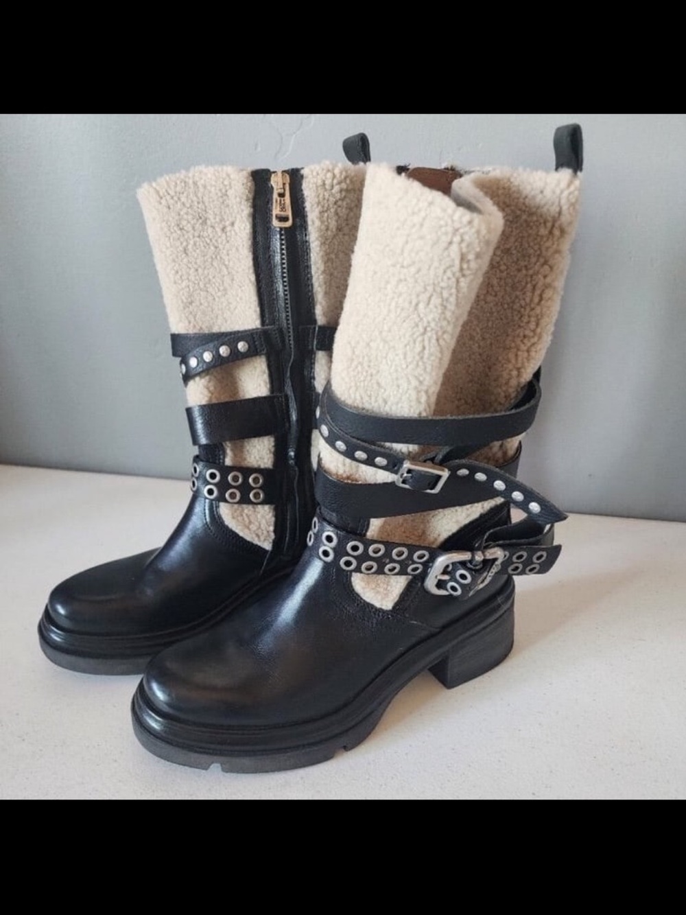 A.S.98 Emmons Shearling & Black Leather Moto Boots w/ Buckle Straps, Biker, 8.5 - Picture 5 of 12